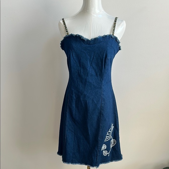 VTG 90's Women's Denim Camo Strap Mini Dress Raw Edge Casual Grunge Streetwear S - Picture 1 of 9